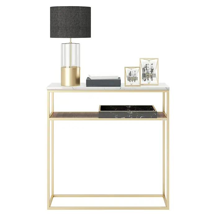 Phönix Playboy Beistelltisch Candy - L x B x H: 30 x 105 x 95 cm, Gold - Goldener Konsolentisch mit Marmorplatte, Lampe, Büchern und Bilderrahmen. Elegantes Möbelstück für den modernen Wohnraum.