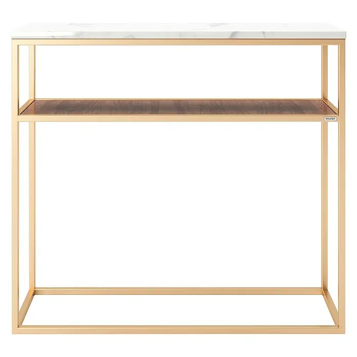 Phönix Playboy Beistelltisch Candy - L x B x H: 30 x 105 x 95 cm, Gold - Diese elegante Konsole mit Marmorplatte und Holzregal, gestützt von einem goldenen Metallrahmen, ist eine stilvolle Ergänzung für jeden Raum.