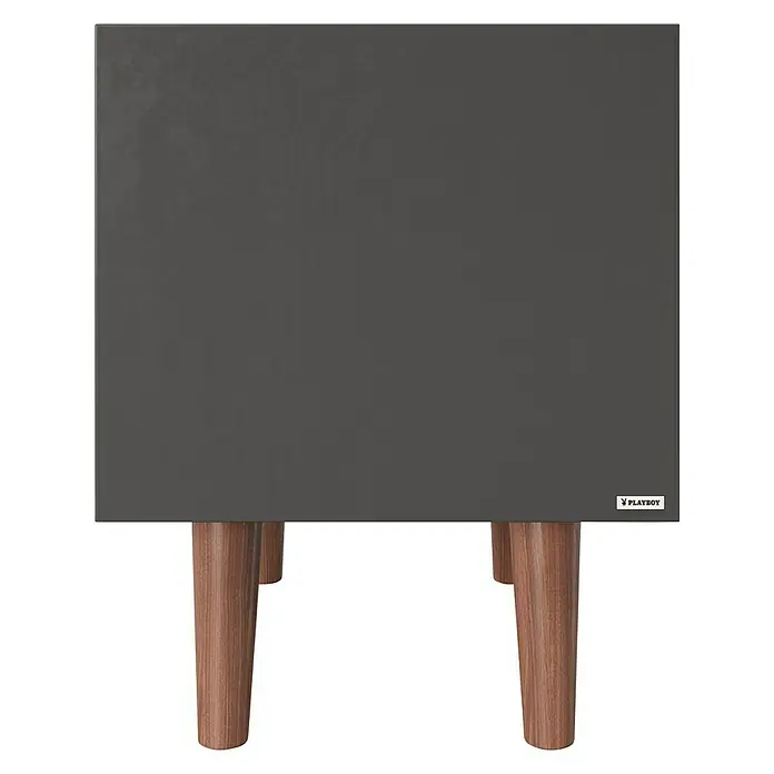 Phönix Playboy Nachttisch Victoria - L x B x H: 45 x 45 x 56,8 cm, Nussbaum - Dieses Bild zeigt einen modernen grauen Nachttisch mit vier Holzbeinen und einem kleinen "Playboy"-Logo in der unteren Ecke.