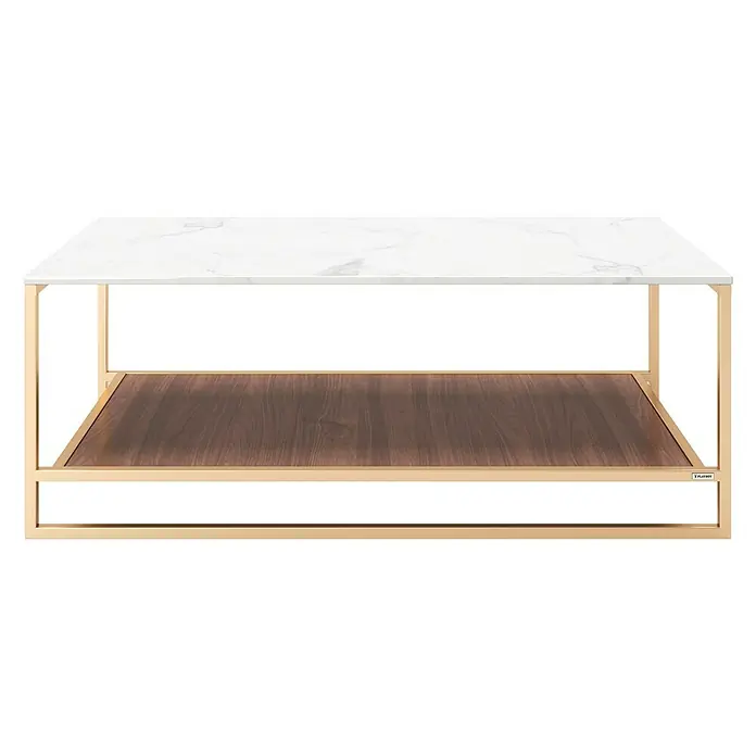 Phönix Playboy Couchtisch Olivia - L x B x H: 60 x 120 x 45 cm, Nussbaum - Quadratischer Couchtisch mit Marmorplatte, goldfarbenem Metallgestell und Holzablage für stilvolles Wohnambiente.