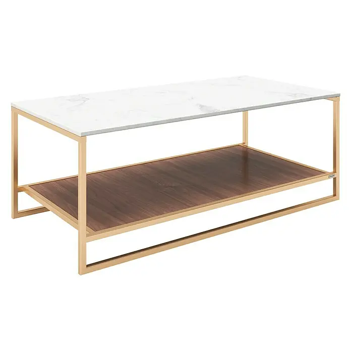 Phönix Playboy Couchtisch Olivia - L x B x H: 60 x 120 x 45 cm, Nussbaum - Elegantes rechteckiges Couchtischdesign mit einer weißen Marmorplatte und einer unteren Ablage aus Walnussholz, eingefasst in ein goldenes Metallgestell.