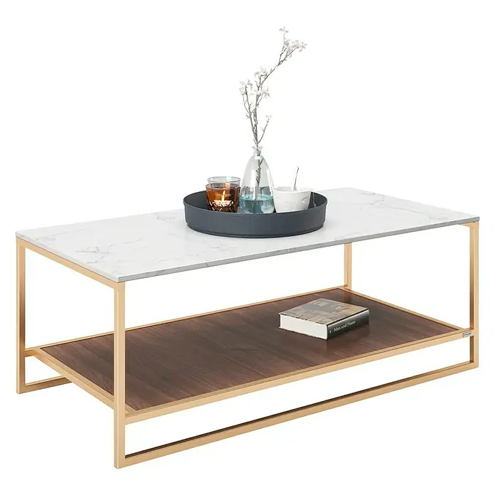 Phönix Playboy Couchtisch Olivia - L x B x H: 60 x 120 x 45 cm, Nussbaum - Eleganter Couchtisch mit Marmorplatte, goldenem Rahmen und Ablagefläche, dekoriert mit Blumen und Accessoires.