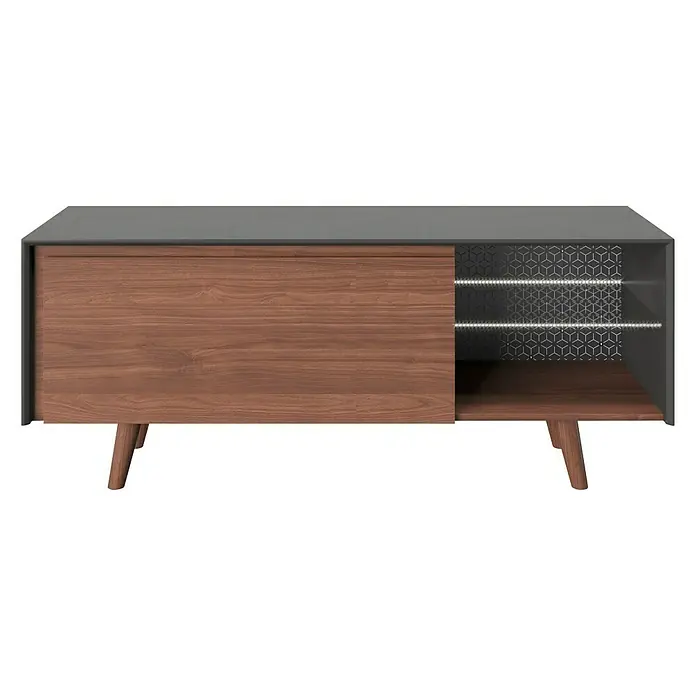 Phönix Playboy Lowboard Victoria - L x B x H: 42 x 150 x 58,6 cm, Nussbaum - Ein modernes TV-Lowboard in Grau und Holzoptik mit geometrischem Muster, das stilvolles Design und Funktionalität vereint.