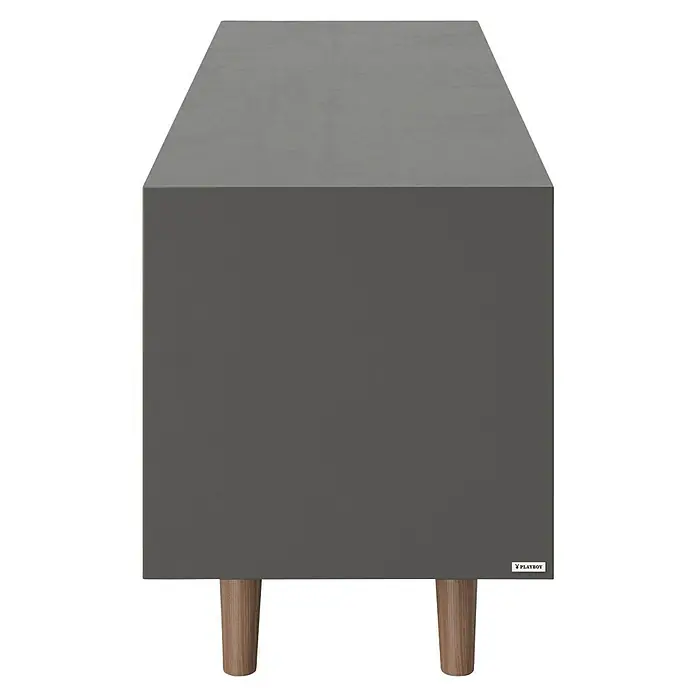 Phönix Playboy Lowboard VictoriaL x B x H: 42 x 150 x 58,6 cm, Nussbaum - Abgebildeter moderner grauer Playboy-Schrank mit schlanken Holzbeinen, der ein elegantes und minimalistisches Design für jeden Raum bietet.