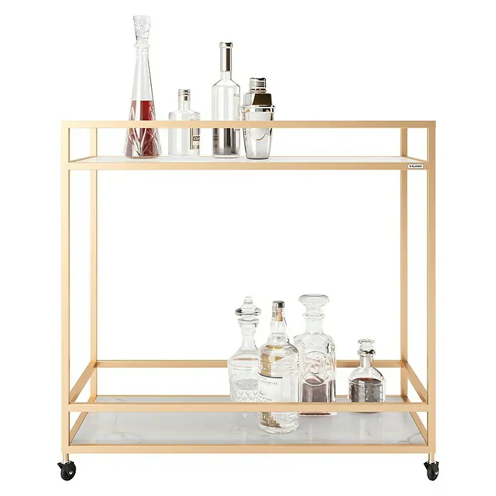 Phönix Playboy Servierwagen Ginger - L x B x H: 40 x 90 x 87 cm, Gold, Anzahl Böden: 2 Stk. - Ein goldfarbener Barwagen mit Marmorplatten und einer Auswahl an eleganten Glaswaren für Cocktails und Spirituosen. Stilvolle Präsentation.