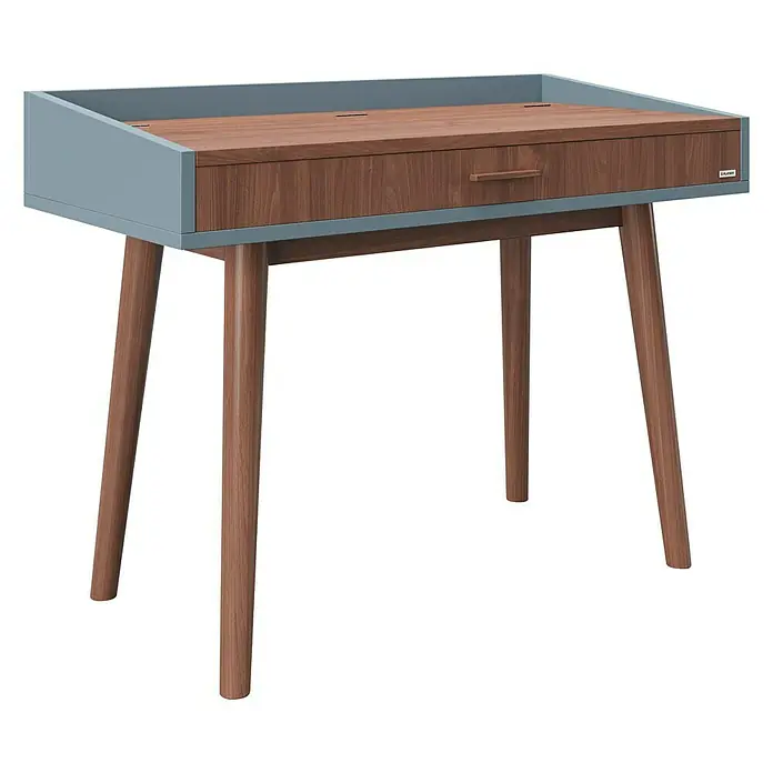 Phönix Playboy Schminktisch Henriette - L x B x H: 50 x 100 x 75 cm, Nussbaum, Spiegel - Ein eleganter Schreibtisch in Holz und Blau mit einer Schublade, perfekt für das Homeoffice oder Arbeitszimmer.