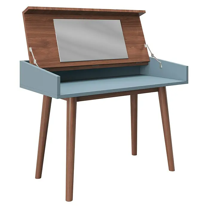 Phönix Playboy Schminktisch Henriette - L x B x H: 50 x 100 x 75 cm, Nussbaum, Spiegel - Dieser hellblaue Schminktisch verfügt über einen hochklappbaren Spiegel und verleiht jedem Raum einen Hauch von Eleganz. Die Holzbeine runden das Design ab.