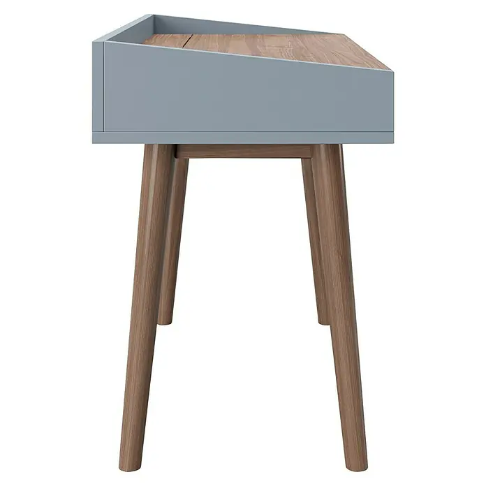 Phönix Playboy Schminktisch Henriette - L x B x H: 50 x 100 x 75 cm, Nussbaum, Spiegel - Aufnahme eines grauen Schreibtischs mit Holzbeinen und einer holzfarbenen Tischplatte.