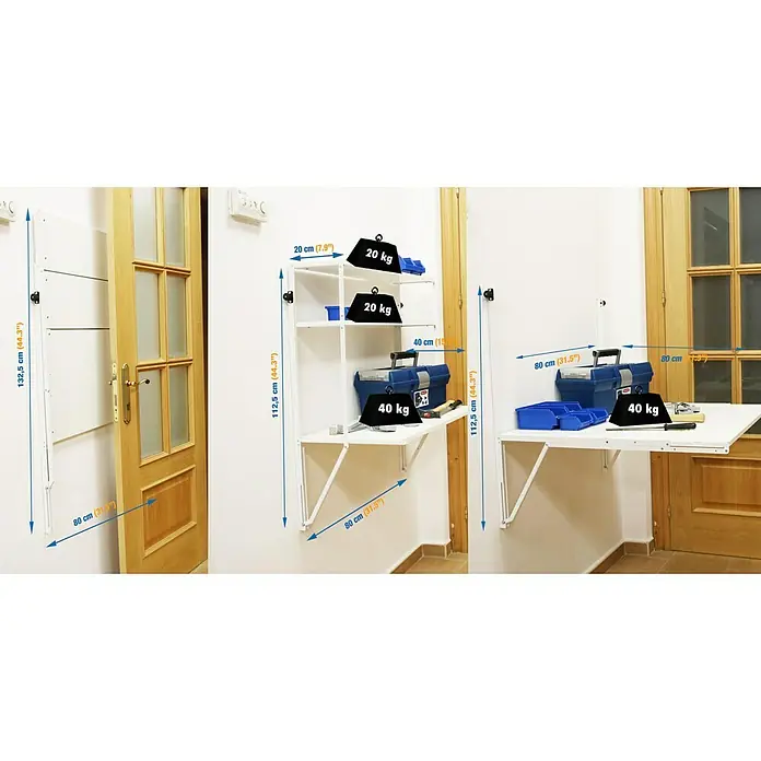 Simonrack Simonflex Estantería metálica - Al x An x Pr: 112,5 x 80 x 40 cm, Blanco - Vista de una mesa plegable de pared con estanterías e indicaciones de peso, ideal para talleres o salas de pasatiempos que ahorran espacio.