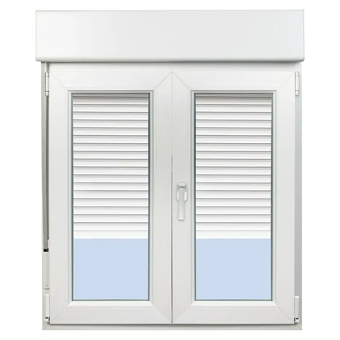 Solid Elements Ventana de PVC practicable-oscilobatiente - 105 x 118 cm, Derecha, Blanco - Primer plano de una ventana de plástico blanca con persianas enrollables, que regula la luz, el calor y protege la intimidad.