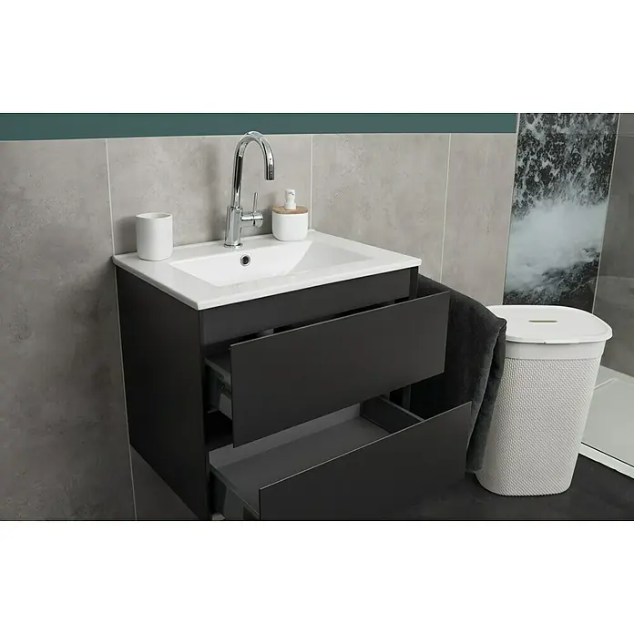 Venus Katta Zahnputzbecher - Weiß, Polyresin - Ein modernes Badezimmer-Waschbecken mit Unterschrank in Anthrazit, offener Schublade und stilvollem Design. Praktisch und ästhetisch für jedes Bad.