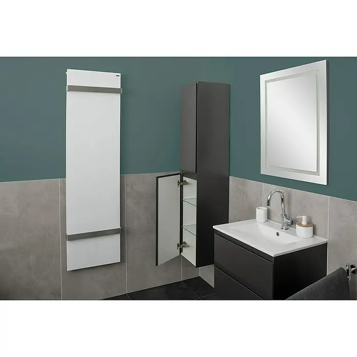 Space Lichtspiegel60 x 80 cm, Anthrazit - Modernes Badezimmer-Interieur mit Hochschrank, Waschbeckenunterschrank, Spiegel und Heizkörper in stilvollem Design.