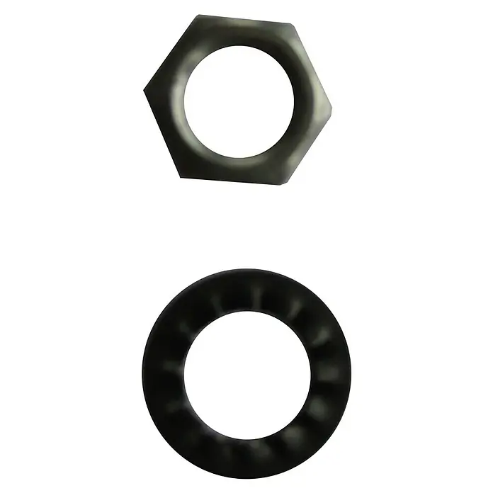 Electraline Set de arandelas y tuercas - Material aislante - Una tuerca hexagonal de metal y una arandela sobre un fondo negro. Fabricado con precisión para conexiones seguras.