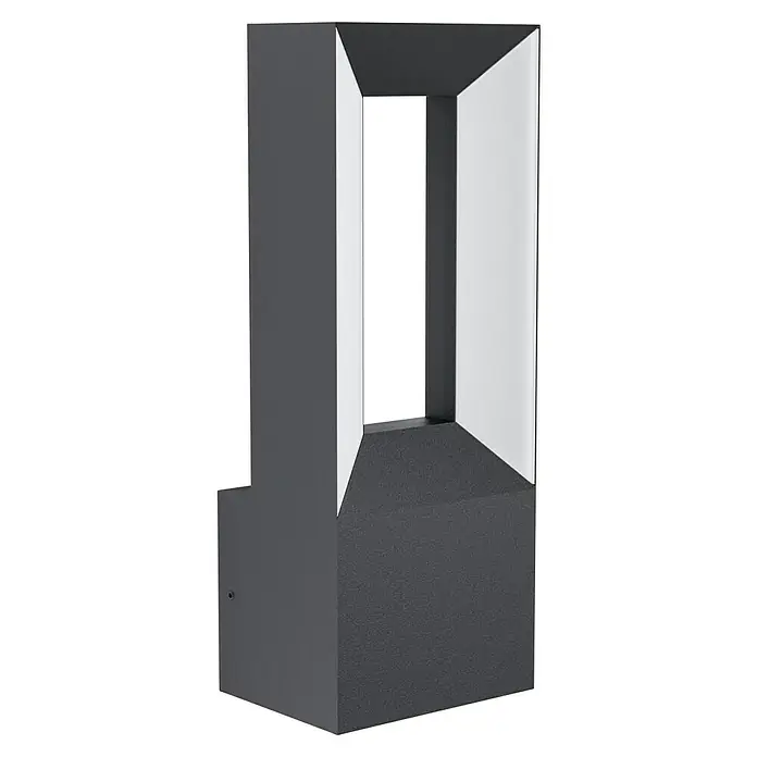 Eglo Riforano Aplique exterior LED - 10 W, L x An x Al: 8,5 x 11 x 29 cm, Negro, IP44 - Primer plano de una lámpara de exterior gris moderna con una abertura rectangular y un marco blanco, que irradia elegancia y funcionalidad.