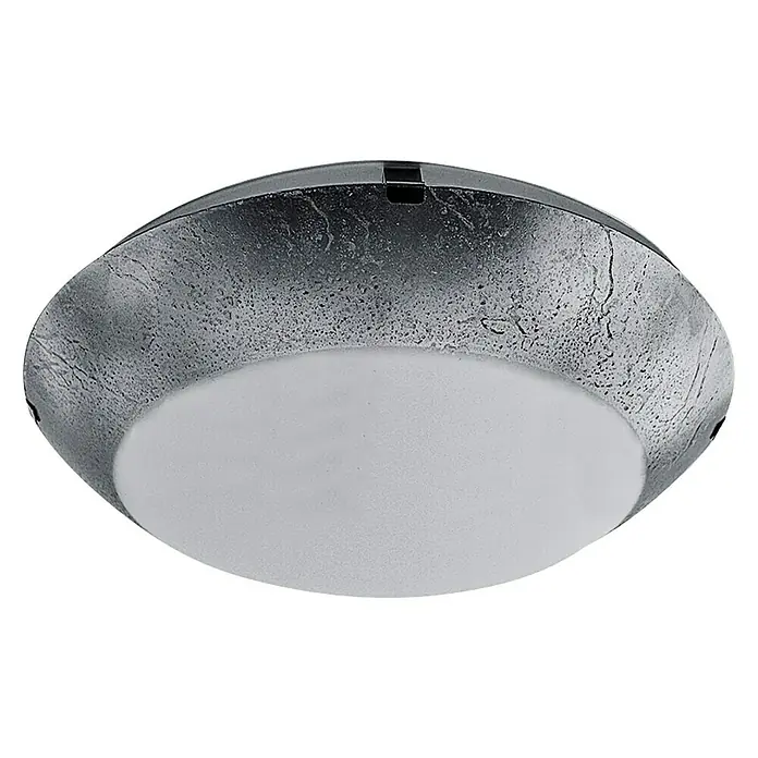 Plafón LED redondo Cristal vin - 12 W, Ø x Al: 250 mm x 8 cm, Plateado, Blanco neutro - Primer plano de una lámpara de techo redonda con marco plateado y difusor blanco sobre fondo negro.