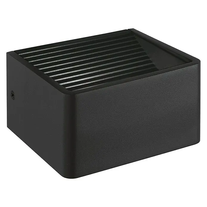 Eglo Doninni Aplique exterior LED Doninni - 6 W, 135 x 120 x 75 mm, Antracita, IP44 - Primer plano de una moderna lámpara de pared cúbica negra con lamas, que ofrece un elegante diseño de iluminación.