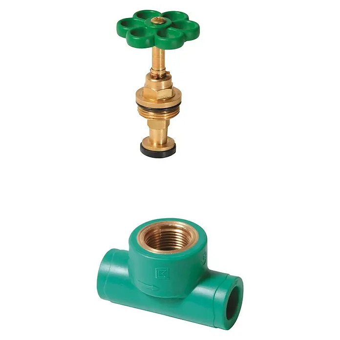 Ventil-Set - 2 -tlg., Nennweite Rohr: DN 20, Mit Handradgriff - Ventil und Rohrverbinder aus Messing, Kunststoff und Gummi vor schwarzem Hintergrund. Geeignet für Sanitäranlagen und Installationen.