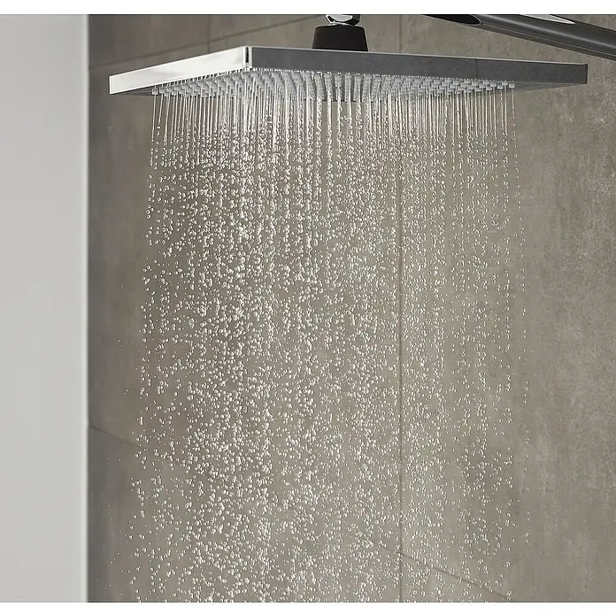 Hansgrohe Crometta Duschsystem E 240 - Mit Thermostatarmatur, Lochabstand: 103,4 cm, Anzahl Strahlarten: 2 Stk., Chrom - Quadratischer Duschkopf mit sanft fallenden Wasserstrahlen. Modernes Design für ein entspannendes Duscherlebnis in Ihrem Badezimmer.