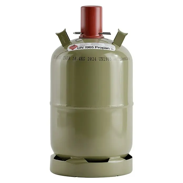 Tyczka Energy Propangas-Flasche Eigentumsflasche ohne Füllung* - Fassungsvermögen: 11 kg - Grüne Propangasflasche mit roter Kappe. Der Zylinder ist mit UN 1965 Propan beschriftet, was seine Verwendung als Brennstoff anzeigt.