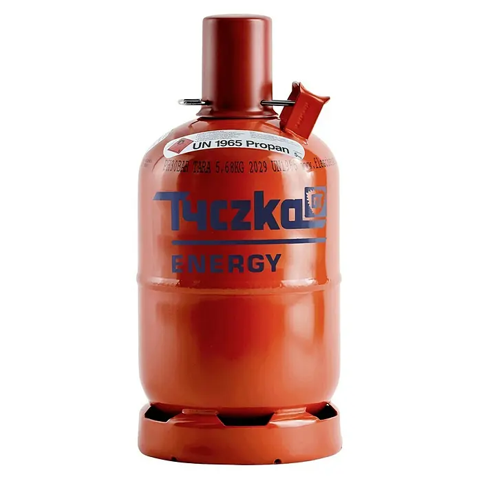 Tyczka Energy Propangas-Flasche Pfandflasche ohne Füllung* - Fassungsvermögen: 5 kg - Rote Propangasflasche der Marke Tzczka Energy, ideal für Camping oder den Gebrauch im Freien, mit Sicherheitsverschluss und Inhaltsangaben.