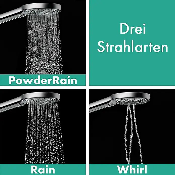 Hansgrohe Handbrause Raindance Select S 120 3jet - Anzahl Funktionen: 3 Stk., Durchmesser: 12,5 cm, Chrom - Duschkopf mit drei Strahlarten: PowderRain, Rain und Whirl. Die verschiedenen Strahlarten werden visuell dargestellt.