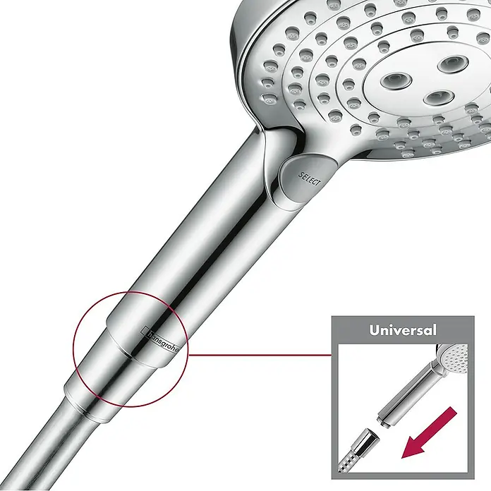 Hansgrohe Handbrause Raindance Select S 120 3jet - Anzahl Funktionen: 3 Stk., Durchmesser: 12,5 cm, Chrom - Duschkopf von Hansgrohe im Detail. Das Produkt ist silbern und hat mehrere Strahlarten. Das Design ist modern und elegant.