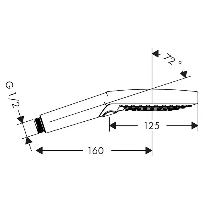 Hansgrohe Handbrause Raindance Select S 120 3jet - Anzahl Funktionen: 3 Stk., Durchmesser: 12,5 cm, Chrom - Produktbild einer Brause mit Maßangaben und einem Winkel von 72 Grad. Technische Zeichnung der Brause.