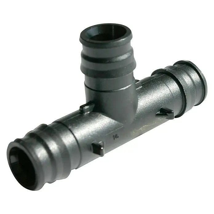 Isoltubex Pieza T expansión - 32 mm, Polifenilsulfona (PPSU) - Conector en T de plástico negro para unir tuberías, con extremos estriados para un agarre y alineación seguros.