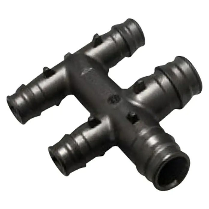 Isoltubex Distribuidor expansión - 20 x 20 x 16 x 16 mm, Polifenilsulfona (PPSU) - La imagen muestra una T de PEX negra, utilizada en sistemas de fontanería para conectar tuberías. Es un componente esencial para sistemas de agua.