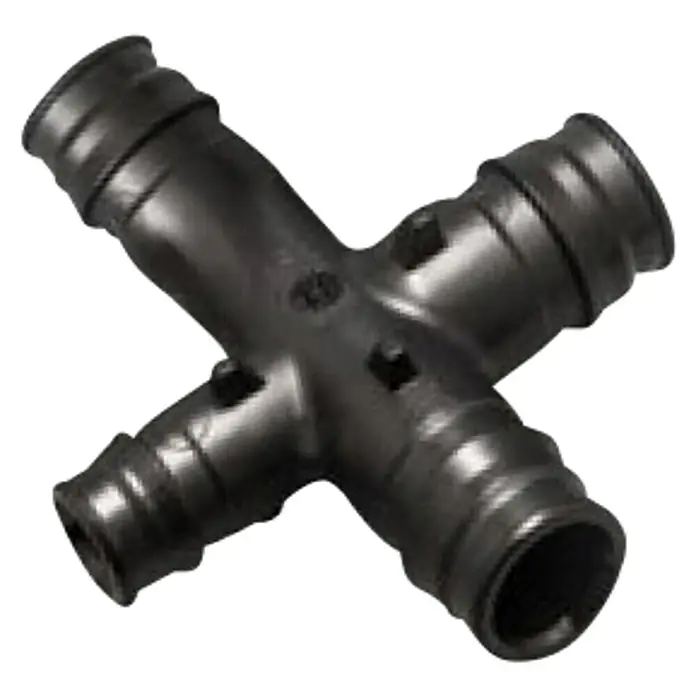 Isoltubex Distribuidor en cruz - 20 x 20 x 16 x 16 mm, Polifenilsulfona (PPSU) - Imagen de un accesorio negro PEX de cuatro vías, diseñado para aplicaciones de fontanería y calefacción.