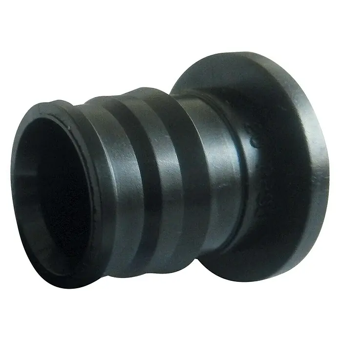 Isoltubex Tapón expansión - 16 mm, Polifenilsulfona (PPSU) - Primer plano de un accesorio de extremo de manguera de plástico negro con eje estriado y brida plana y redonda.