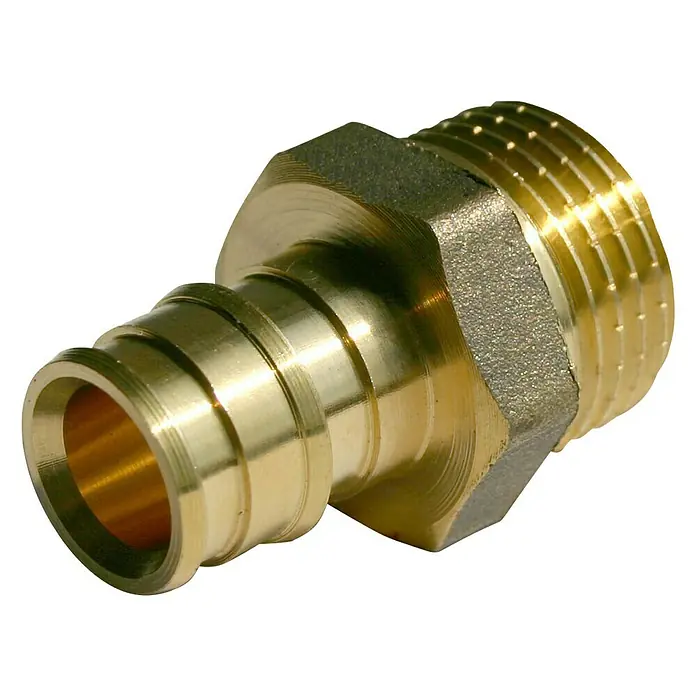 Isoltubex Enlace rosca multicapa M expansión - 32 mm, Rosca exterior: 1″, Latón - Primer plano de un adaptador PEX dorado, utilizado en fontanería. Accesorios de latón con hilos precisos.