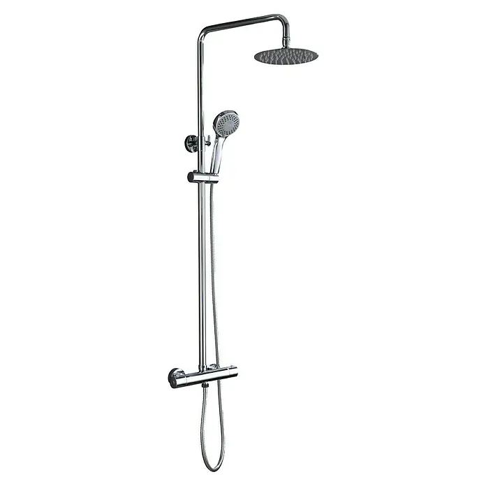 Imex Sistema de ducha Kent - Con grifo termostático, Cromo - Imagen de un moderno conjunto de ducha con rociador y ducha de mano en aspecto cromado, ideal para un baño elegante.