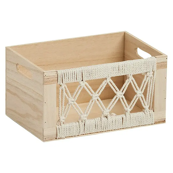 Zeller Present Aufbewahrungsbox Boho S - L x B x H: 300 x 200 x 160 mm, Holz, Natur - Ein rechteckiger, naturfarbener Holzkorb mit Seilgeflecht an der Vorderseite, ideal für Organisation und Dekoration im Zuhause.