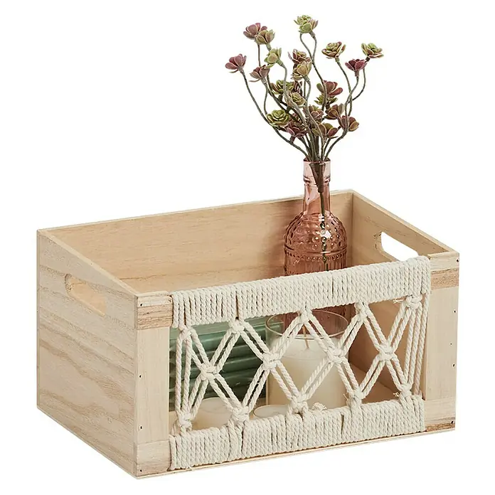 Zeller Present Aufbewahrungsbox Boho S - L x B x H: 300 x 200 x 160 mm, Holz, Natur - Ein rustikaler Holzkasten mit Makramee-Details, der sich ideal für die Aufbewahrung und Dekoration eignet. Vasen und Kerzen zur Schau.