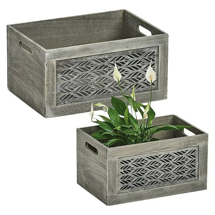 Zeller Present Aufbewahrungsbox Leaves L - L x B x H: 350 x 250 x 180 mm, Holz, Grau - Zwei graue Holzkisten mit Blattmuster, eine mit einer Friedenslilie, die ein rustikales und natürliches Element in jeden Raum bringt.