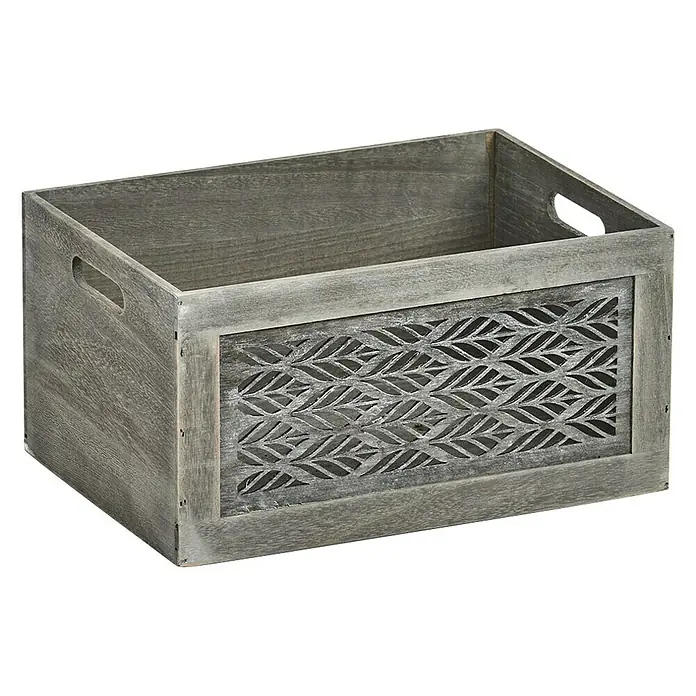 Zeller Present Aufbewahrungsbox Leaves L - L x B x H: 350 x 250 x 180 mm, Holz, Grau - Holzkiste in Grau mit einem ausgeschnittenen Blattmuster an der Vorderseite, ideal für die Aufbewahrung und Organisation von Gegenständen.