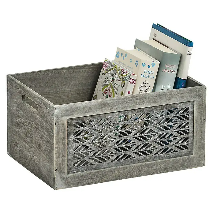 Zeller Present Aufbewahrungsbox Leaves L - L x B x H: 350 x 250 x 180 mm, Holz, Grau - Bücherregal aus grauem Holz mit dekorativem Blattmuster, ideal zur Aufbewahrung von Büchern und Zeitschriften im Wohnbereich.