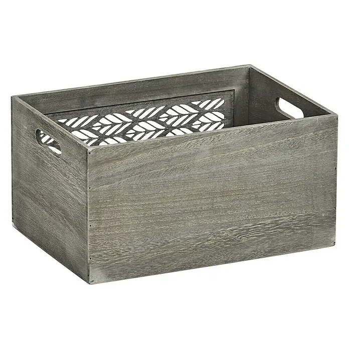 Zeller Present Aufbewahrungsbox Leaves L - L x B x H: 350 x 250 x 180 mm, Holz, Grau - Graue Holzkiste mit Griffen und dekorativem Gittereinsatz für stilvolle Aufbewahrung und Organisation im Wohnbereich.