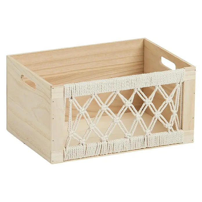 Zeller Present Aufbewahrungsbox Boho L - L x B x H: 350 x 250 x 180 mm, Holz, Natur - Aufbewahrungskiste aus hellem Holz mit dekorativem Makramee-Einsatz zur stilvollen Organisation von Gegenständen im Haushalt.