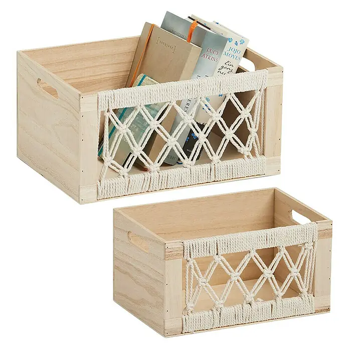 Zeller Present Aufbewahrungsbox Boho L - L x B x H: 350 x 250 x 180 mm, Holz, Natur - Zwei dekorative Aufbewahrungsboxen aus Holz mit Seildetails, die sowohl funktional als auch stilvoll sind und Stauraum schaffen.