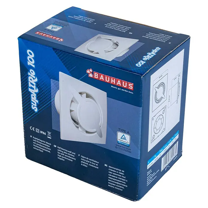 BAUHAUS Wandventilator supAIRio - Weiß, 10 cm, Ohne Timer - Produktverpackung eines SupAIRio 100 Wand- und Deckenventilators von Bauhaus. Kompaktes Design für hohe Leistung und leisen Betrieb.
