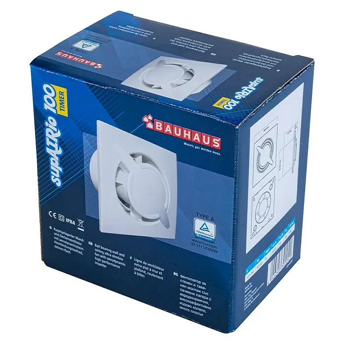 BAUHAUS Wandventilator supAIRio - Weiß, 10 cm, Mit Timer - Produktverpackung des SupAIRio 100 TIMER Wand- und Deckenventilators von Bauhaus mit technischen Details und Zertifizierungen.