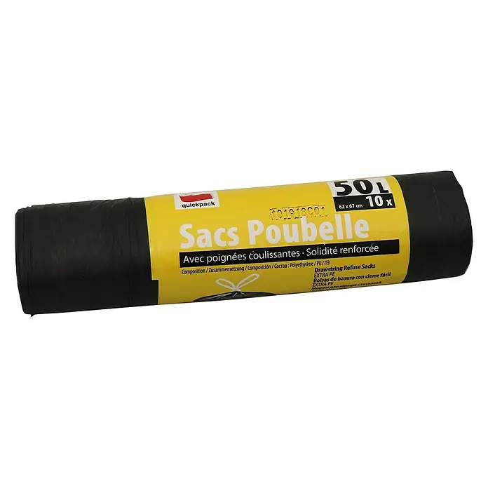 Quickpack Müllbeutel mit Zugband - Fassungsvermögen: 50 l, 10 Stk., Schwarz - Bild eines Quickpack Müllbeutel-Rolls mit Zugband, 50L Fassungsvermögen und verstärkter Solidität, ideal für den Haushalt.