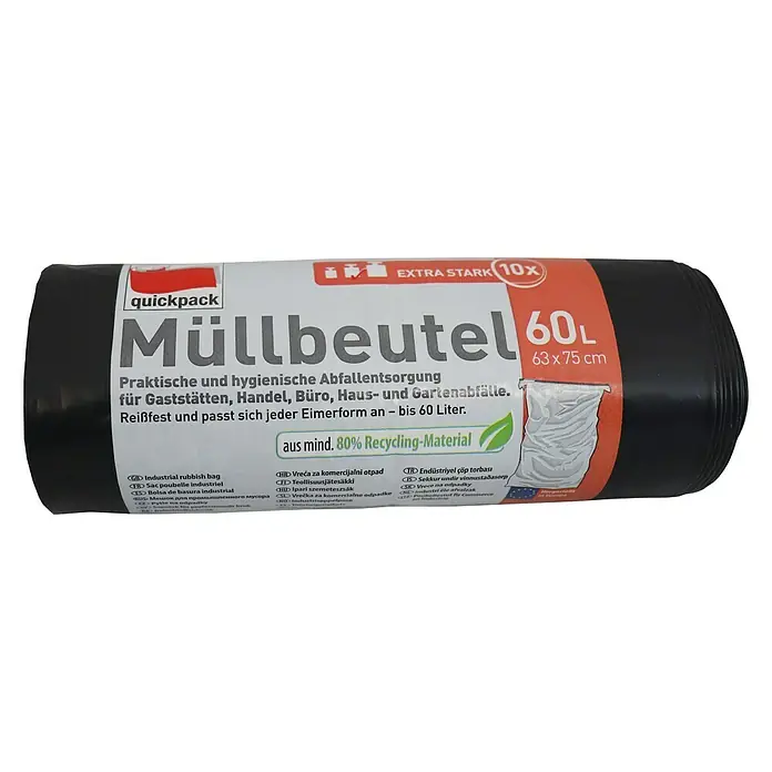 Quickpack Müllbeutel - Fassungsvermögen: 60 l, 10 Stk., Grau - Quickpack Müllbeutelrolle mit 60 Litern Volumen, extra stark und aus 80% Recycling-Material für Gewerbe und Haushalt.