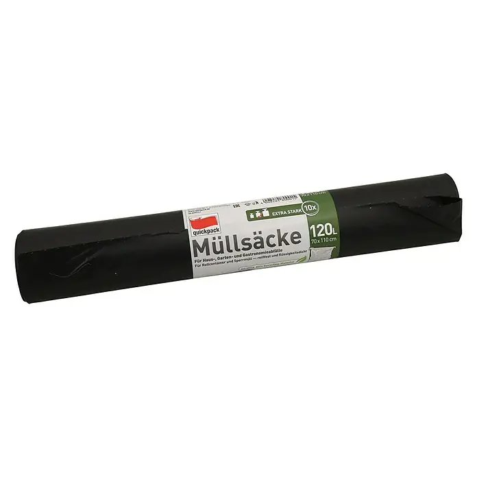 Müllbeutel - Fassungsvermögen: 120 l, Grau, 10 Stk. - Schwarze Müllsäcke „quickpack“ mit 120 Litern Fassungsvermögen. Extra stark und flüssigkeitsdicht für Haus, Garten und Gastronomie.