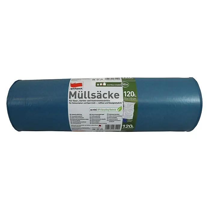 Müllbeutel - Fassungsvermögen: 120 l, Blau, 50 Stk. - Eine Rolle Quickpack Müllsäcke, 120L, extra stark, aus Recycling-Material für Haus-, Garten- und Gewerbeabfälle.