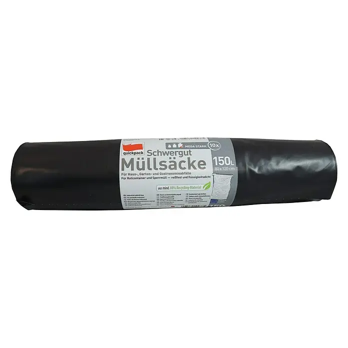 Quickpack Müllbeutel - Fassungsvermögen: 150 l, 10 Stk., Grau - Müllsäcke "Schwergut" von Quickpack, 150 Liter, reißfest und flüssigkeitsdicht, ideal für Haus-, Garten- und Gastronomieabfälle.