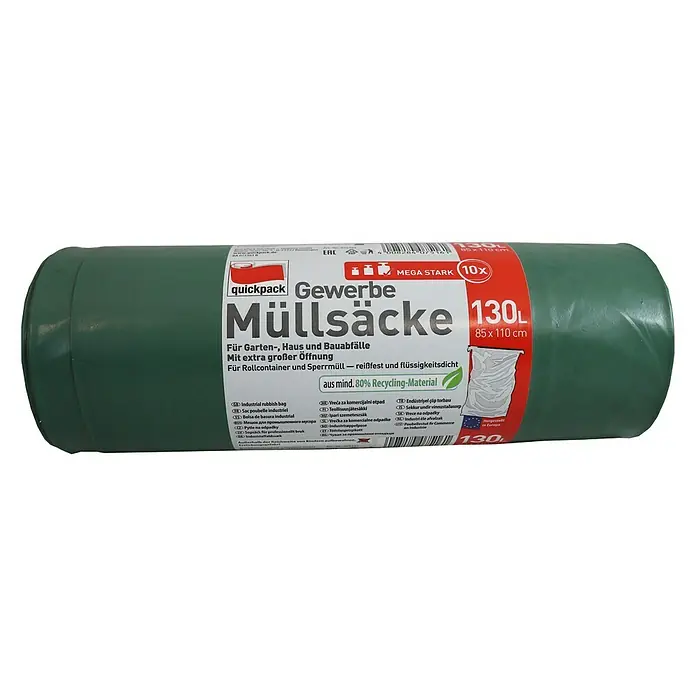 Quickpack Müllbeutel Gartenmüllsack - Fassungsvermögen: 130 l, 10 Stk. - Eine Rolle Gewerbe Müllsäcke von Quickpack mit 130 Litern Fassungsvermögen, ideal für Garten-, Haus- und Bauabfälle.