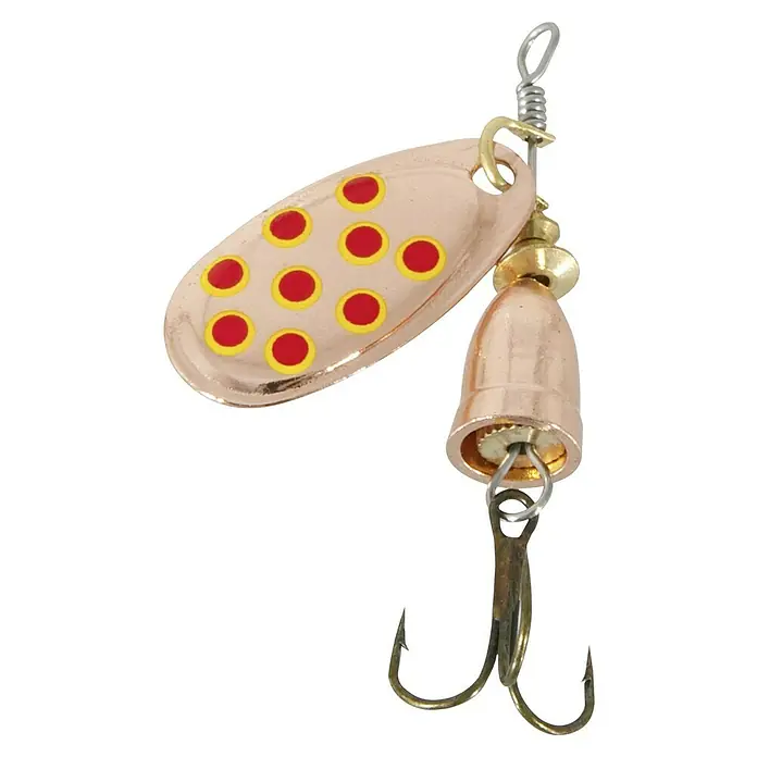 Westline Spinnerbait - Kupfer, Größe Haken: 2, 5 g - Nahaufnahme eines Spinner-Angelköders mit roten und gelben Punkten, ideal zum Angeln auf Raubfische.